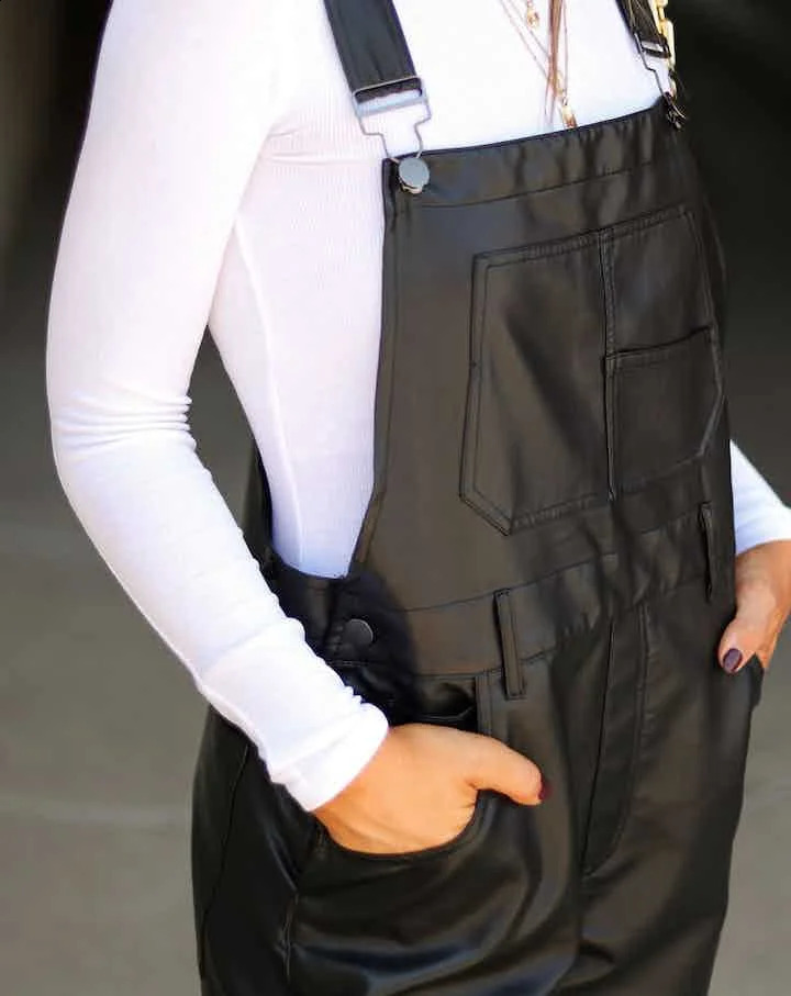 Women PU Leather Bib Overalls Solid Color Loose Casual Sleeveless Cargo Straight Leg 1 Piece Jumpsuit Romper with Pockets 250826