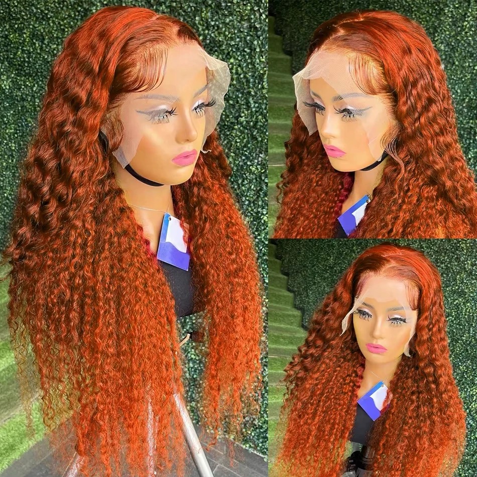 Orange Colored Water Wave High Density 13x6 Hd Lace Frontal Human Hair Wig Gluelesss Preplucked Deep Wave Pre-Cut 30 Inch Ginger Curly Wigs Ready To W