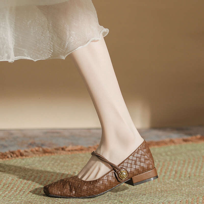 Lanjia- H263-6 Internet Celebrity Breathable Square Toe Mary Jane Women's Shallow Mouth Plaid Pattern Low Chunky Heel Single Shoes Women Autumn W