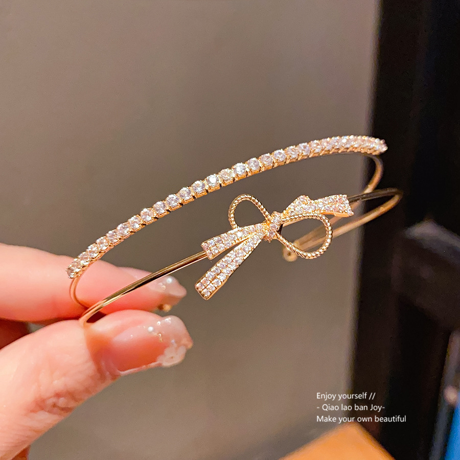 Gold - Tone Rhinestone Bow Double - Layer Cuff Bracelet Dazzling And Elegant Party And Daily Wear Gift For Her Charming And Luxurious Jewelry
