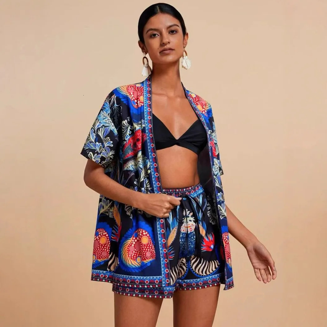 2025 Summer Fashion Printed Two Piece Set Women Casual Beach Style Holiday Cardigan Shirt Top Shorts 2Piece Outfit 250825