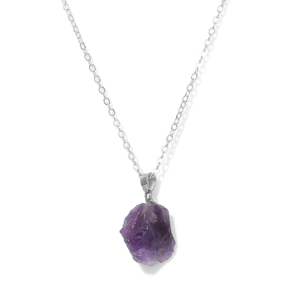 Natural Stone Pendant Necklace for Women Raw Amethyst Crystal Two Tone Chain Bohemian Statement Jewelry