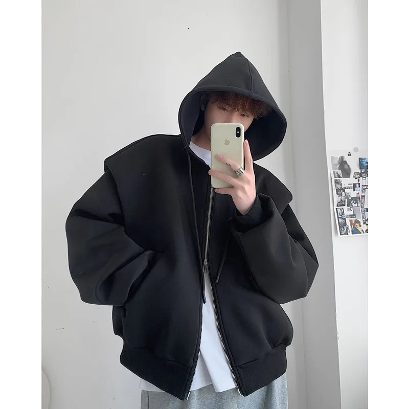 Autumn Winter Korean Style Solid Loose Mens Hooded Sweatshirt Fashion Harajuku Casual Zip Up Hoodie for Men Y2k Streetwear 250818