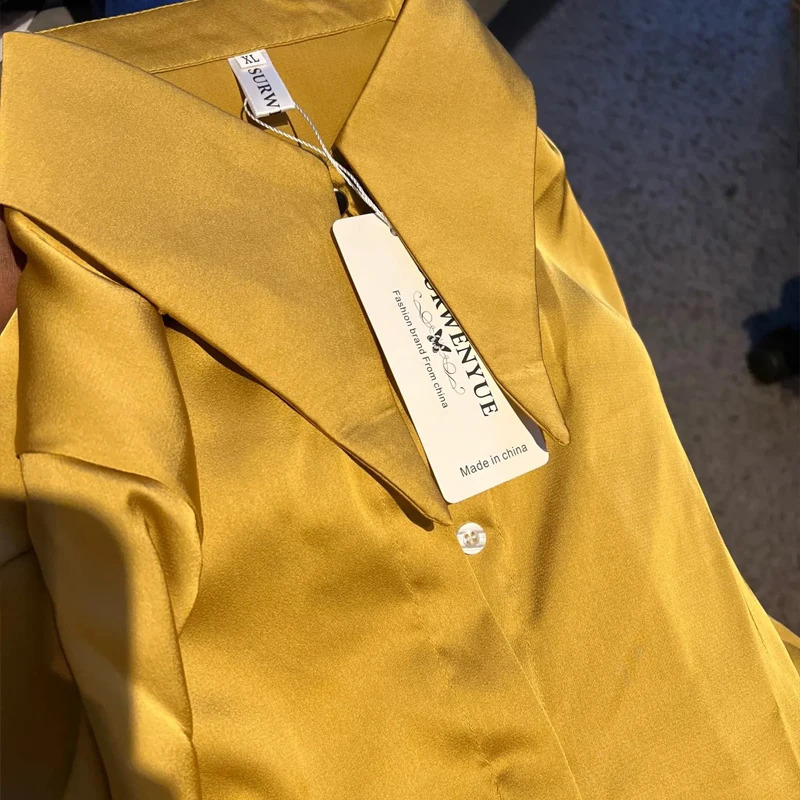 Womens Spring Autumn Satin Simple Pointed Collar Retro Lantern Sleeve Shirt Loose Fit Straight Womens Commuting Shirt 3140 250826
