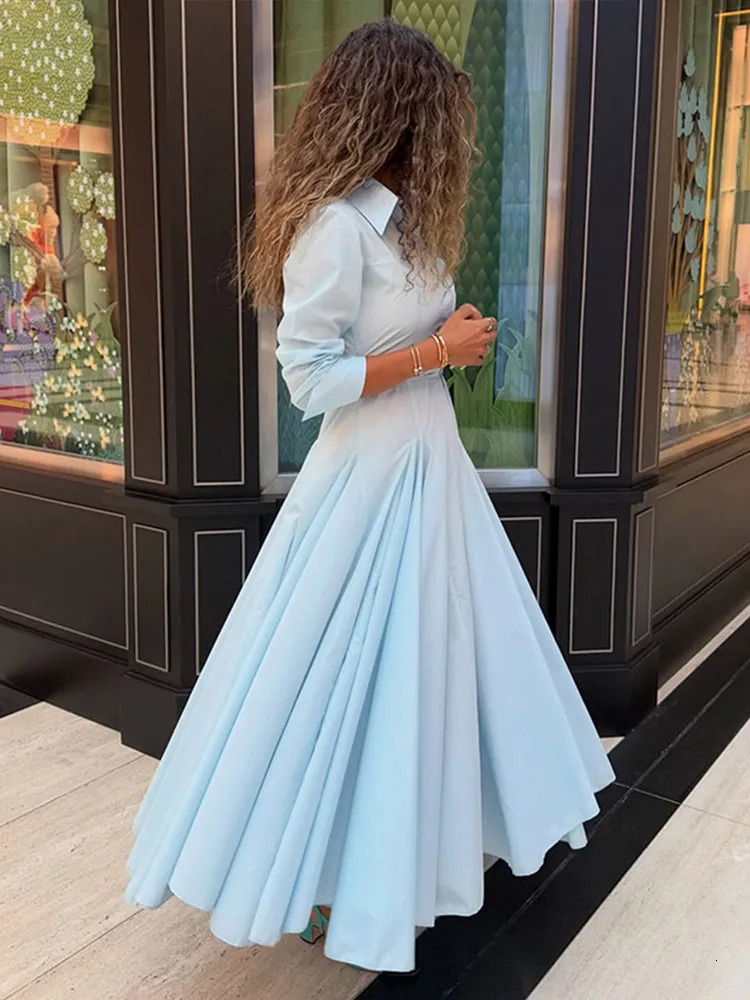 Solid Womens Casual Pleated Long Dress Fashion Lapel Full Sleeve Button Maxi Dress Lady 2025 Early Autumn Chic Street Robes 250825
