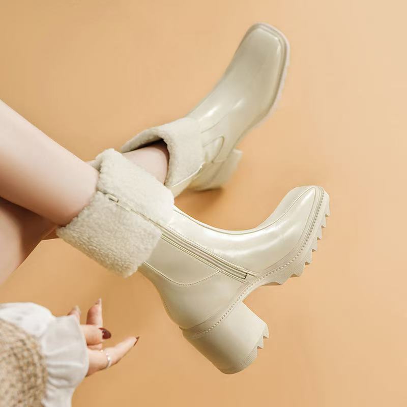 Women Betty PVC Boots Beeled Fur High heels boot Knee-high tall Rain Boot Waterproof Welly Rubber Soles Platform Outdoor Rains hoes Designer shoes 35-