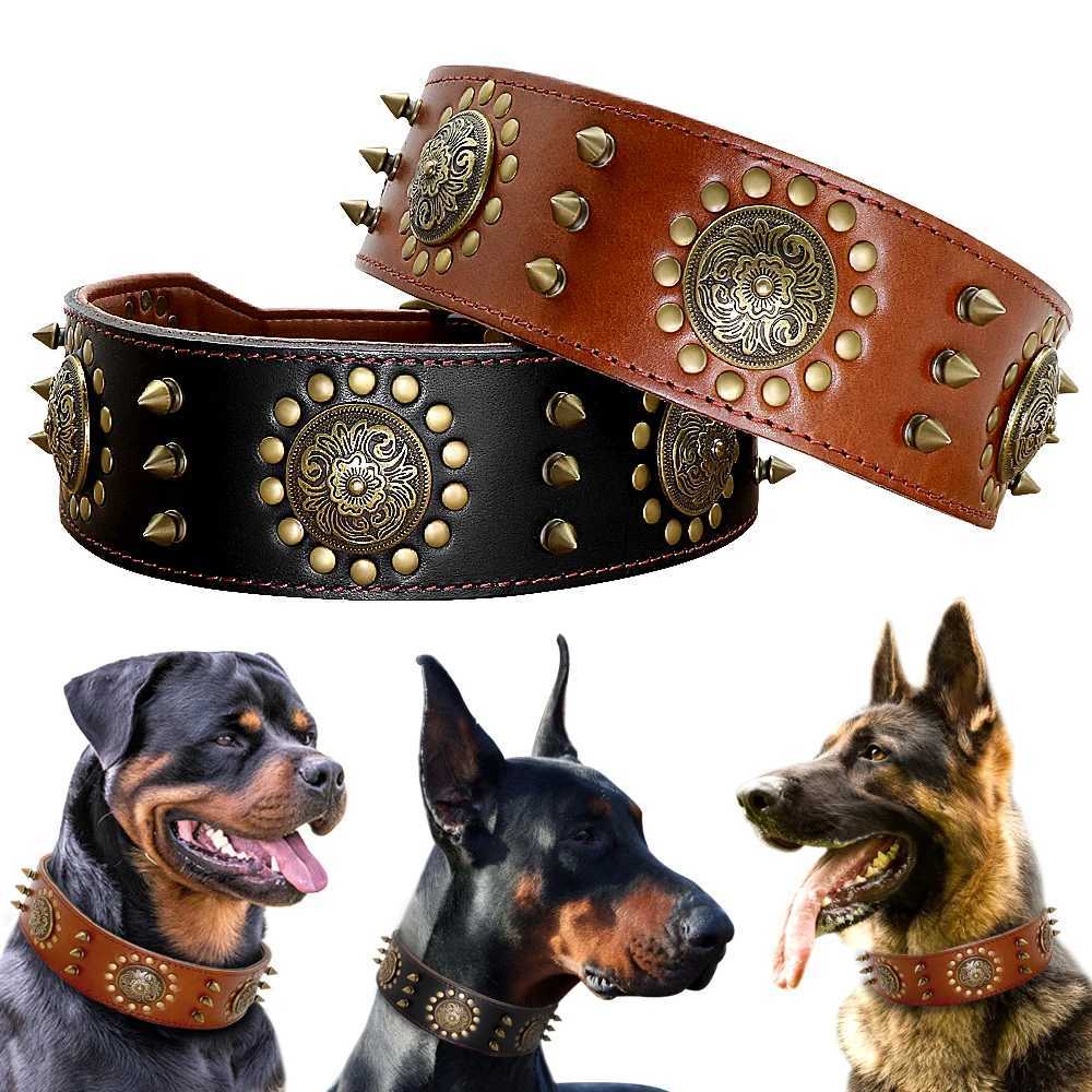 Leather Large Dog Collar Pitbull Spiked Studded Collars for Medium Large Big Dogs Genuine Leather Durable Pet Collar BrownXJ250826
