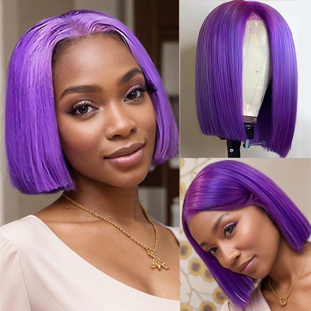 Short Bob Wig 180% Dark Purple Lace Front Wigs For Women Preplucked Hairline Gluelesss 13x4 Straight Human Hair Wig High Density