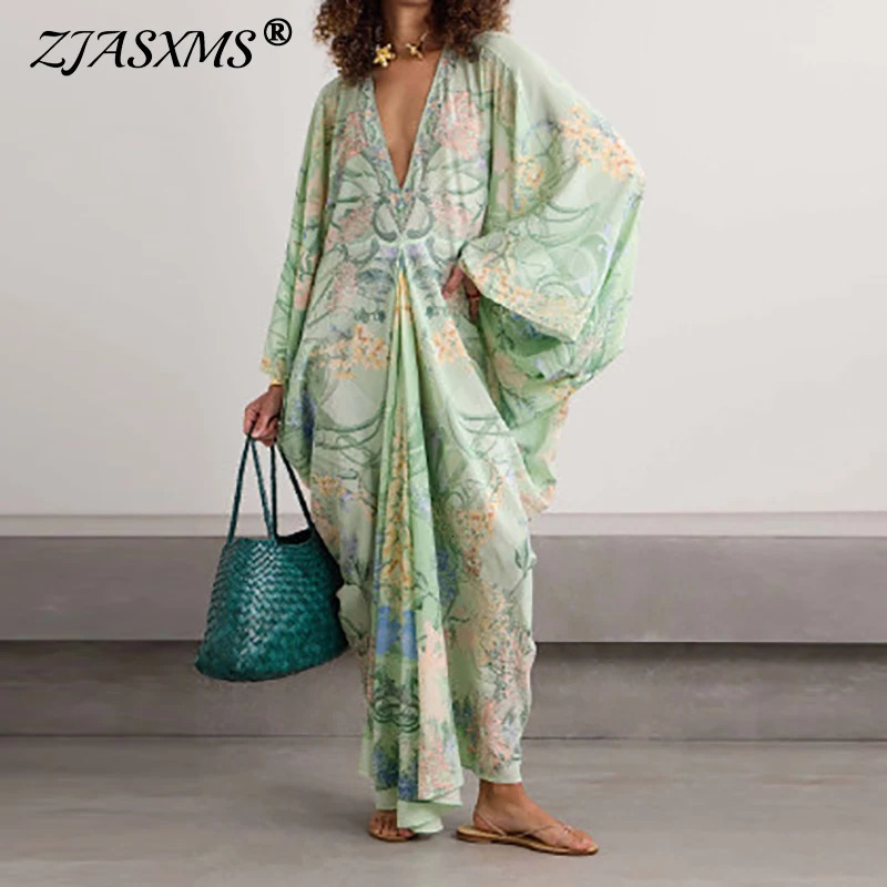 2025 Summer Vacation Casual Loose Dresses Elegant Flare Sleeve VNeck Bohemian Dress Fashion Floral Print Long Dresses For Woman 250826