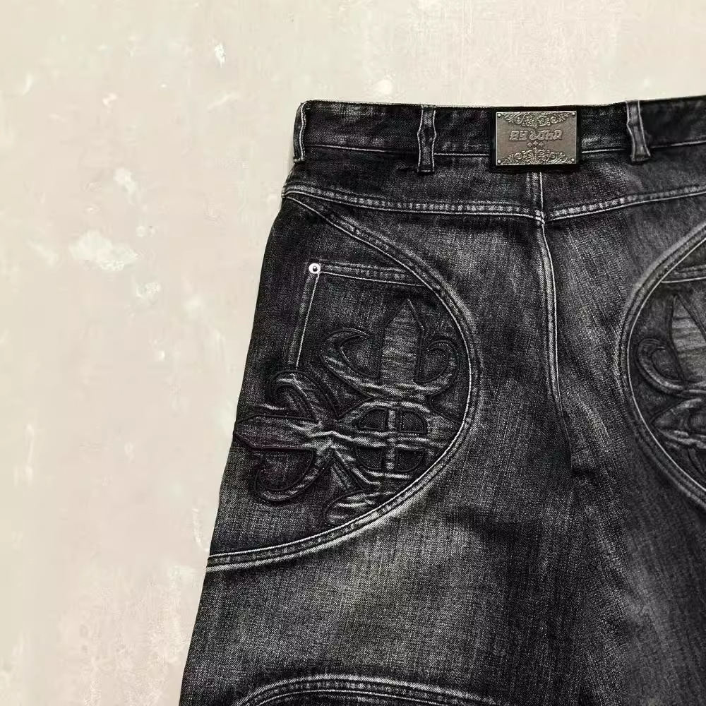 American retro black and gray washed straight jeans for men and women y2k deconstructed windbreaker wide-leg long pants