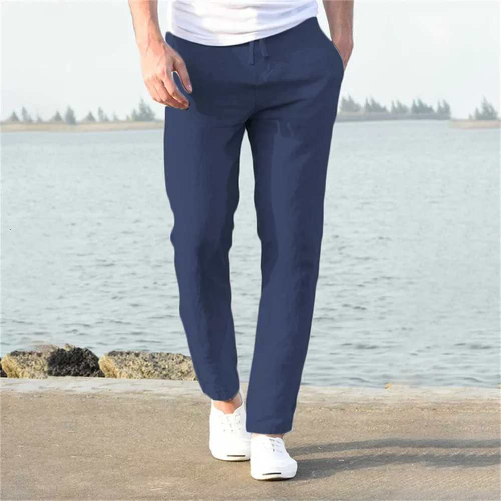 2025 Mens Stand Pocket Casual Linen Pants Solid White Gray Trousers Plus Size 3XL Mens Elegant Fashion Sweatpants Men Streetwear W250826