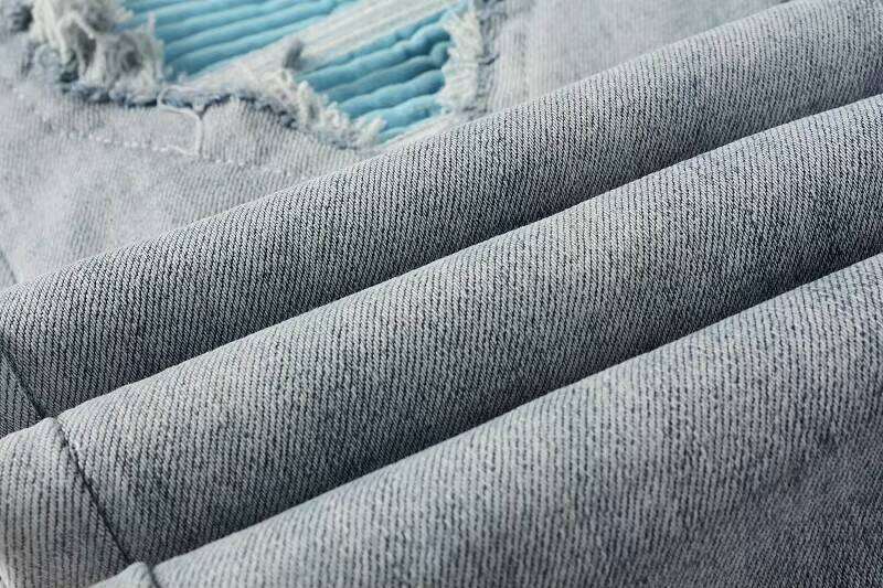 New Arrival Men's Light Blue High Street Straight Fit Jeans Casual Slim with Ripped Patch Design Elastic Small Leg OEM Available