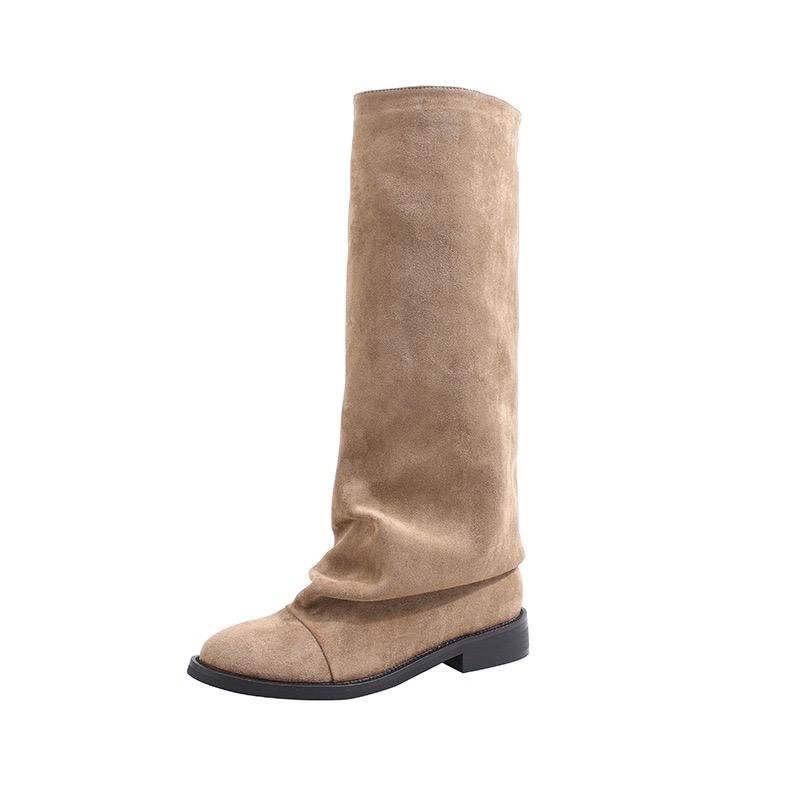 Fashion Autumn And Winter Round new Hot Head Long Leather Shoes Metal Knight Fold Flat Boots Punk Style 241212