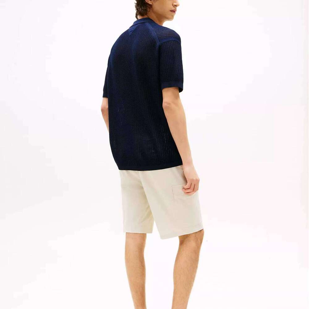 Custom Men's Summer Cardigan 100% Cotton Mesh Knit Breathable Plus Size Casual Short Sleeve for Polo Collar Shirt Yarn Dyed