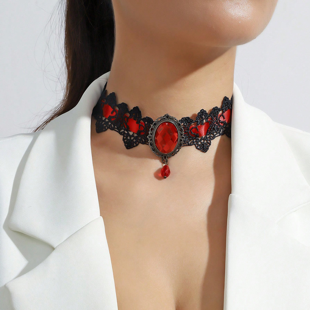 Gothic Lace Choker Necklace with Black Heart Pendant - Victorian Punk Collarbone Chain for Women, Elegant Dark Romance Jewelry - view 4
