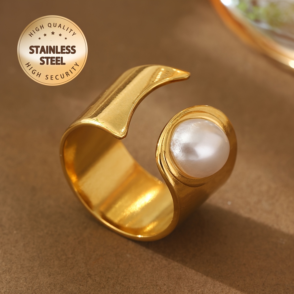 1 Piece Simple Open 304 Stainless Steel Ring, Women, Plated, Decorated with Imitation Pearls Suitable for Daily Wear, Parties, Graduations, Music Fest