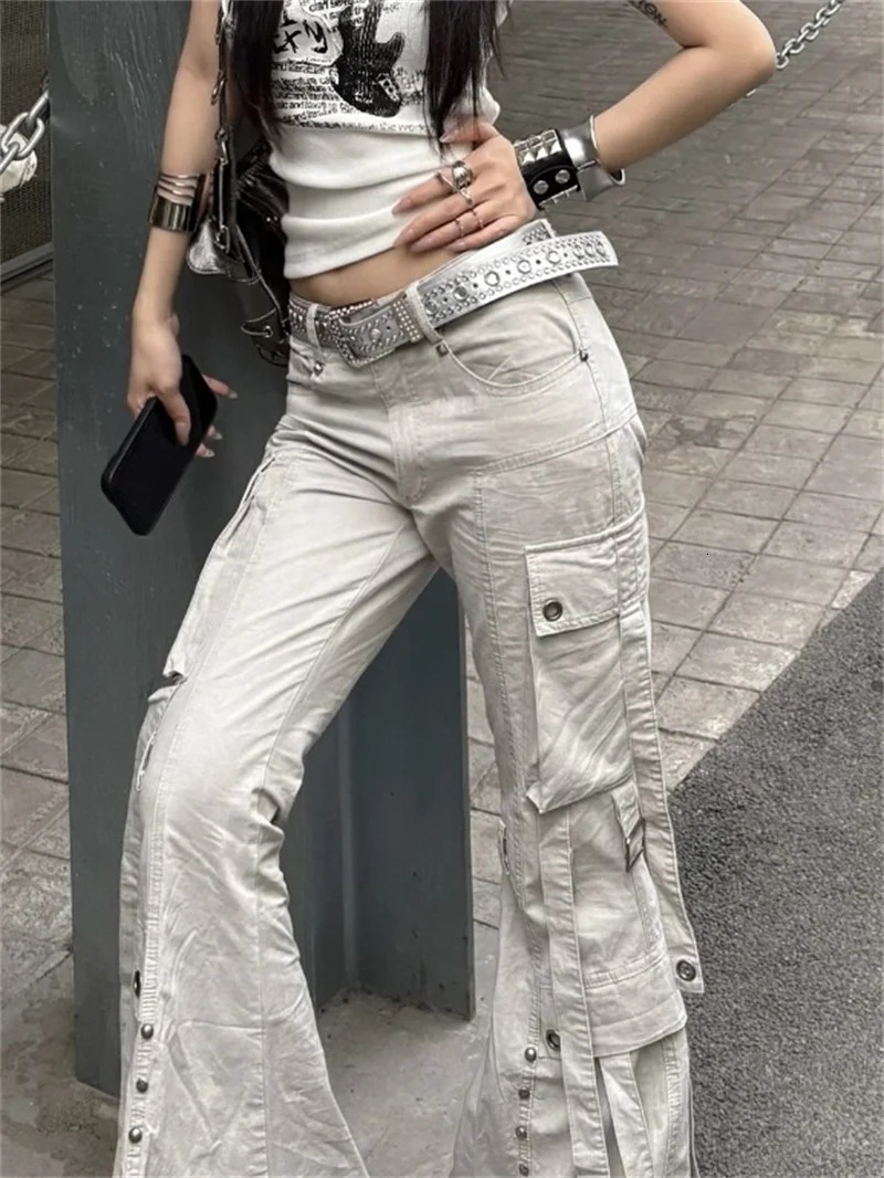 Women Goblin Core Y2k Japanese Harajuku Low Rise Denim Flare Cargo Pants 2000s Kpop BellBottom Long Trousers Punk Jean 250825