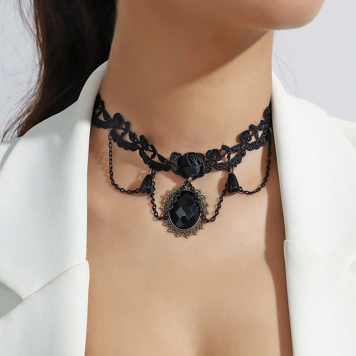 Gothic Lace Choker Necklace with Black Heart Pendant - Victorian Punk Collarbone Chain for Women, Elegant Dark Romance Jewelry - view 6