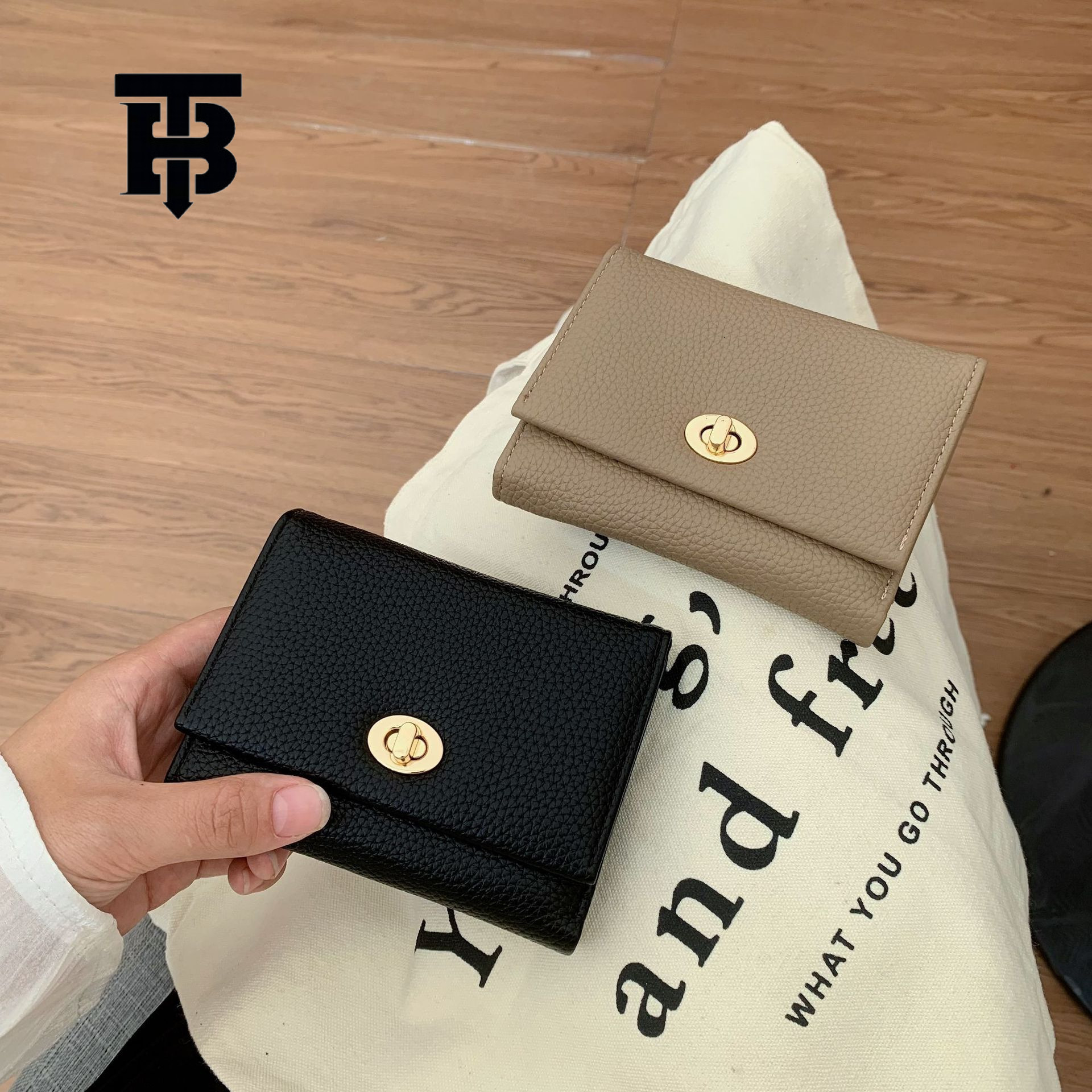 TB BHULAMTE Urban Simple Women's Wallet Luxury New Korean Metal Buckle Folding Card Bag Fashion Solid Color Designer Zipper Coin Bag Lychee Patte
