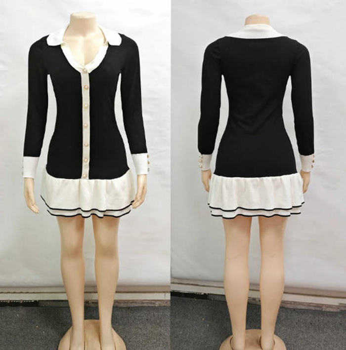 Fashion V-Neck long sleeve Knitted Double-layer ruffle knitted skirt pearl button lapel