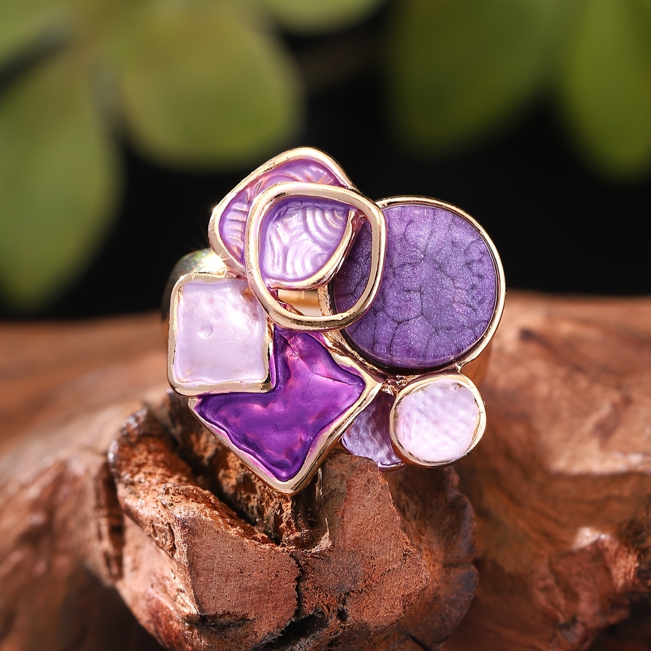 A Women's Fashion Bohemian Elegant Geometric Adjustable Elastic Ring Spring Summer New Zinc Alloy Purple Thin Coating Craft Simple Inlaid Resin S