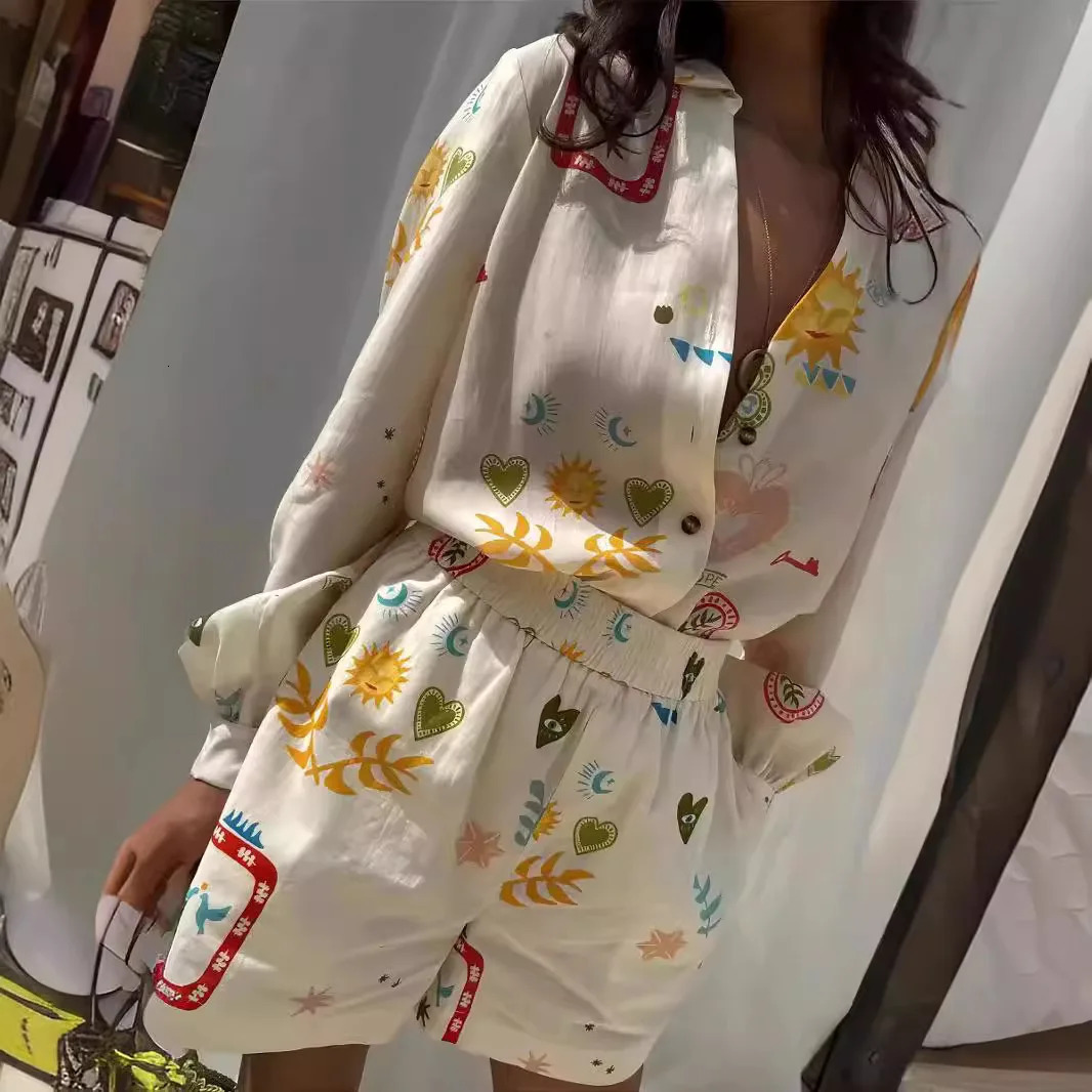 Women Fashion Elastic Waist Two Piece Sets Elegant Floral Print Lapel Long Sleeve Top Short Pants Suit Casual Holiday Outfits 250825