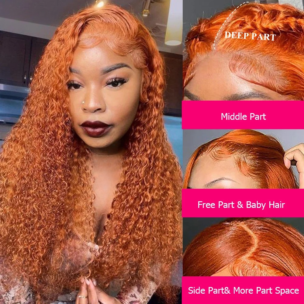 Hd Transparent Lace Ginger Orange Lace Front Wig Preplucked Hairline Deep Wave Curly Full Lace Front Human Hair Wigs Water Wave HD Lace Frontal Wigs F