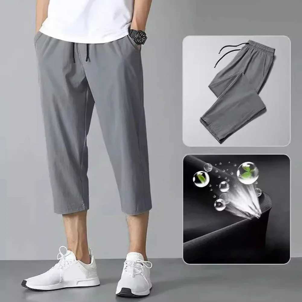 2025 New Summer Mens Ice Silk Pants Hong Kong Style Trendy LooseFit StraightLeg Cropped Pants Korean Version Casual Pants W250826