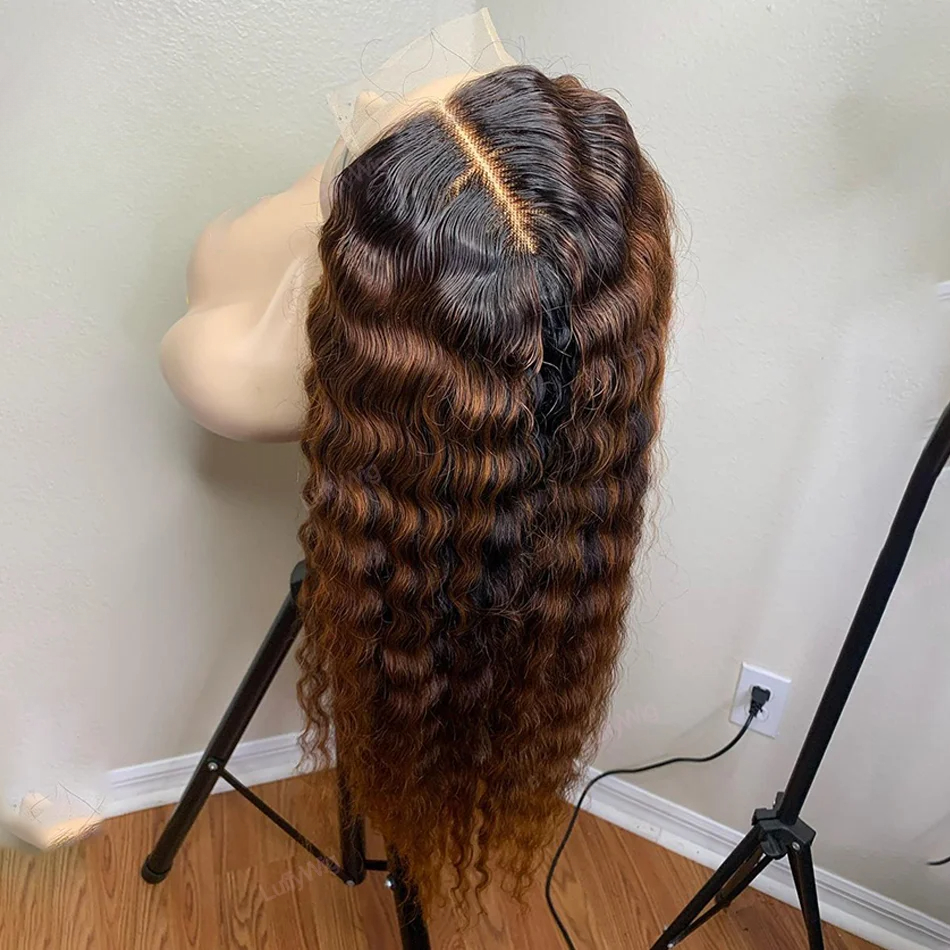 250 Density Brazilian Ombre Brown Deep Wave HD Lace Front Wig Colored Curly Human Hair Wig 13x4 Lace Frontal Wigs Wear And Go Synthetic for Women