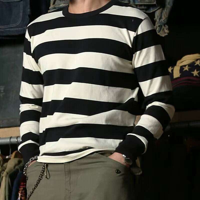 Custom Design Men's Long Sleeve O-Neck 100% Cotton Knitted Stripe Printed Oversized T-Shirt