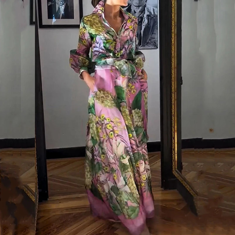 Fashion Lace Up Party Outfit Elegant Pattern Print Autumn 2 Piece Sets Casual Lapel Lantern Sleeve Shirt Long Skirt Suit 250825