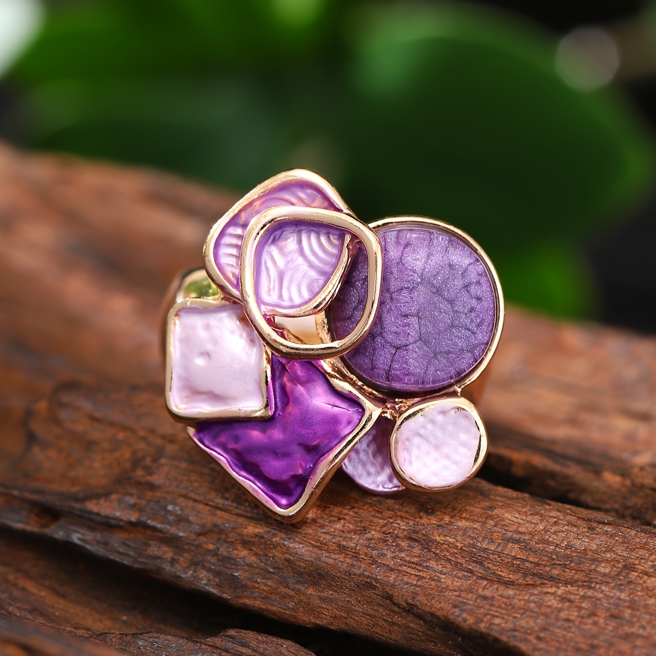 A Women's Fashion Bohemian Elegant Geometric Adjustable Elastic Ring Spring Summer New Zinc Alloy Purple Thin Coating Craft Simple Inlaid Resin S