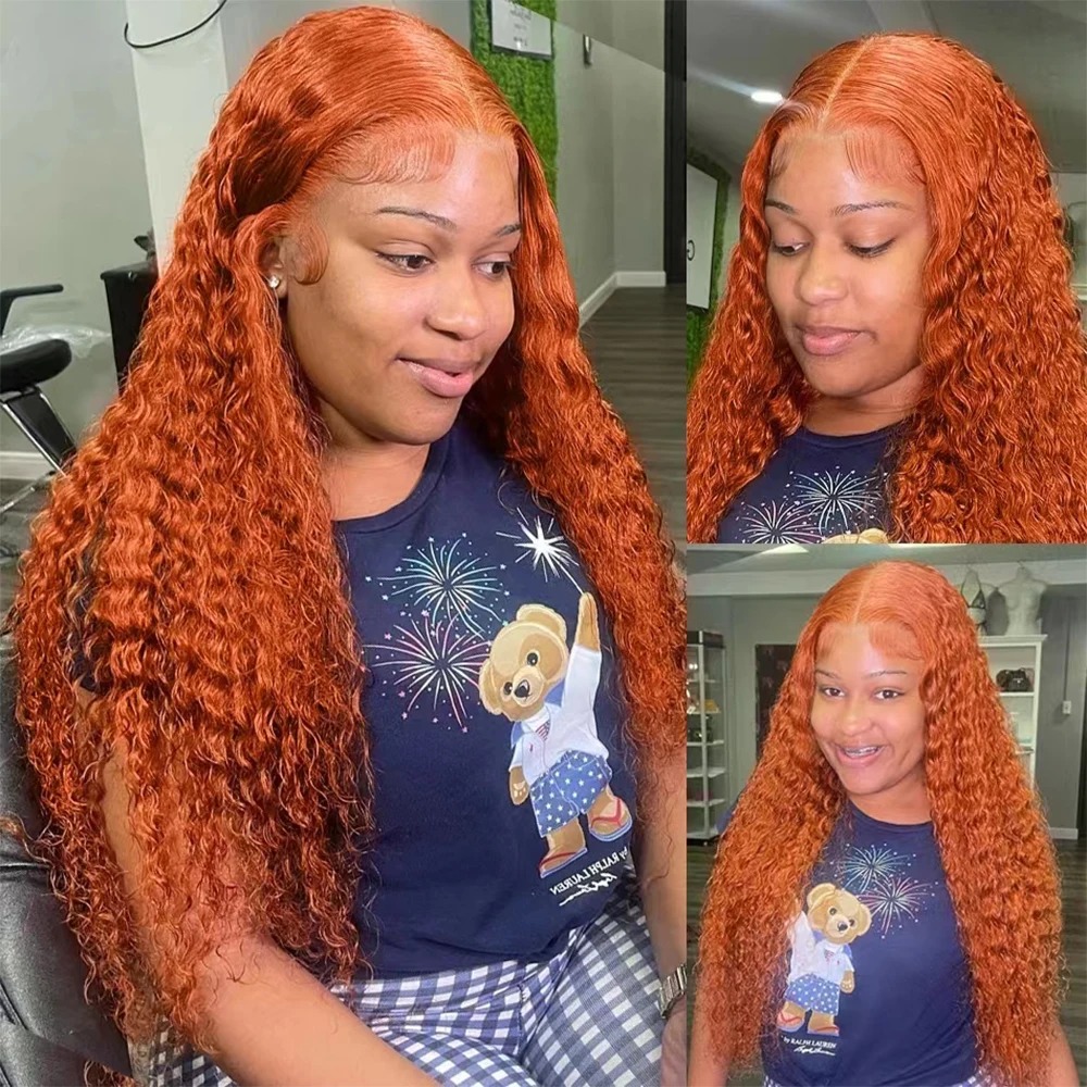 Orange Ginger Lace Front Wig Human Hair High Density 30 Inch Curly Human Hair Wig Deep Wave Gluelesss 13X4 13X6 Hd Transparent Lace Ready To Wear