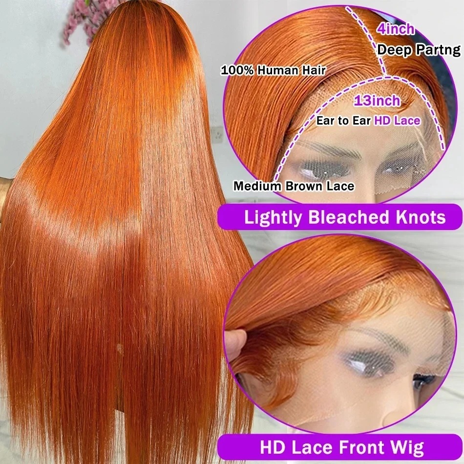 13x6 Hd Lace Front Wig Gluelesss Ginger Orange Silky Bone Straight Human Hair Wigs High 220% Density 13x4 Transparent Lace Frontal Remy Hair Wig