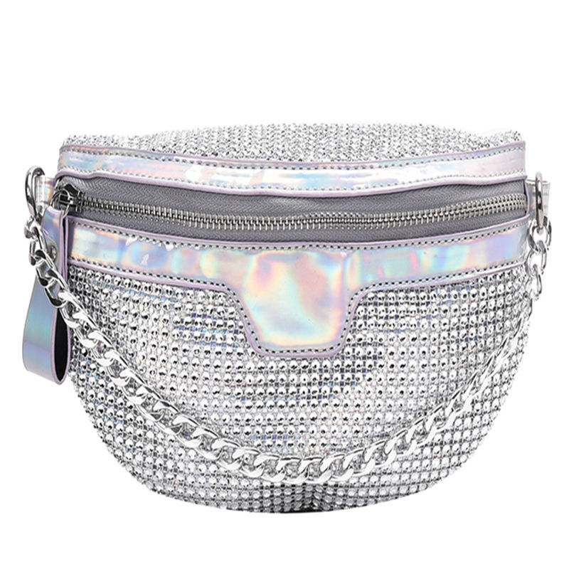 Glamorous Shiny Crossbody PU with Chain Handle & Adjustable Strap Spacious Zip Chest Bag for Work R250327