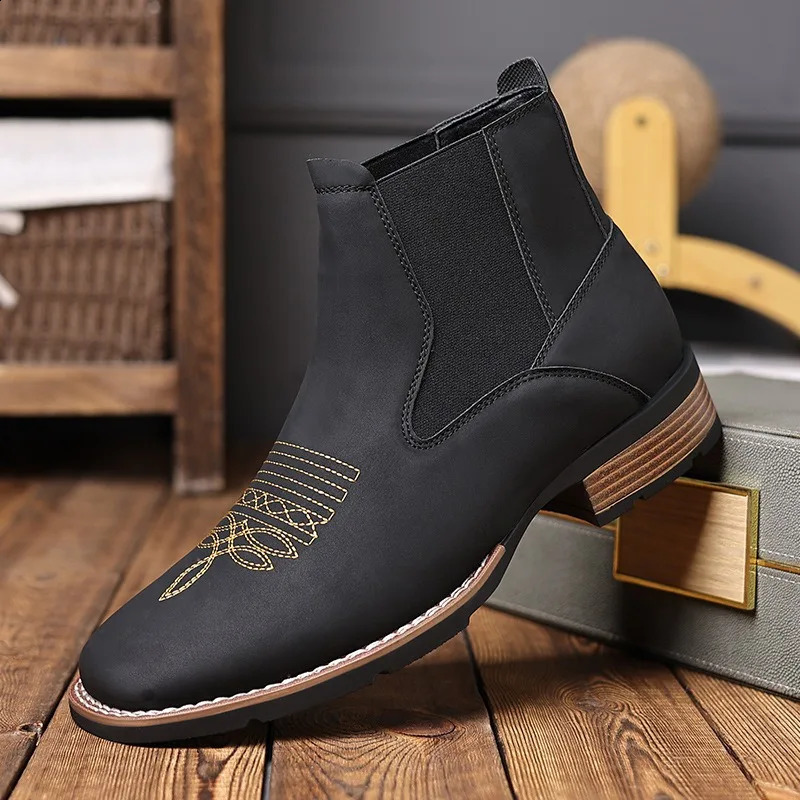 Mens Chelsea Boots High Quality Casual Leather Boots Retro Ankle Boots for Men Embroidery Western Cowboy Boot Botas Masculinas 250823