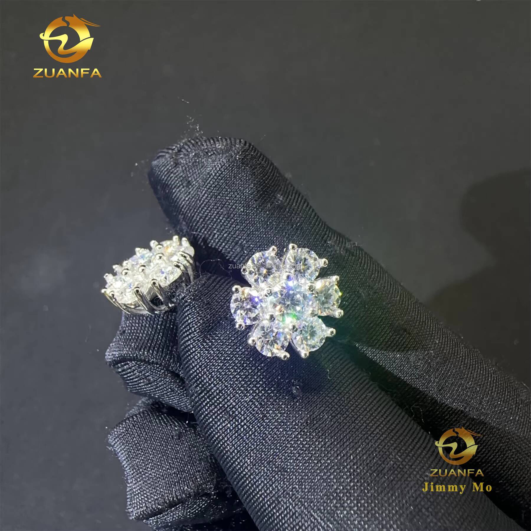 Bulk Stock Flower Shape Drop Shipping Luxury Iced Out Hip Hop Sterling Silver 925 Screw Back Moissanite Cluster Stud Earrings