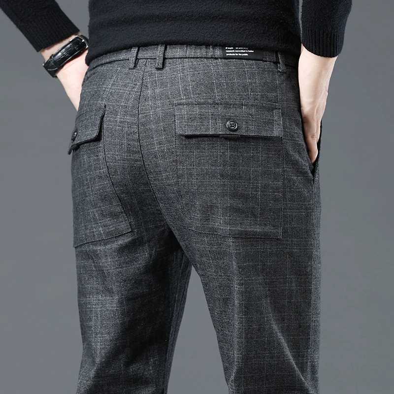 2024 Men New Spring Autumn England Plaid Work Stretch Pants Men Business Fashion Slim Gray Casual Pants Male Brand Trousers 2838 W250826