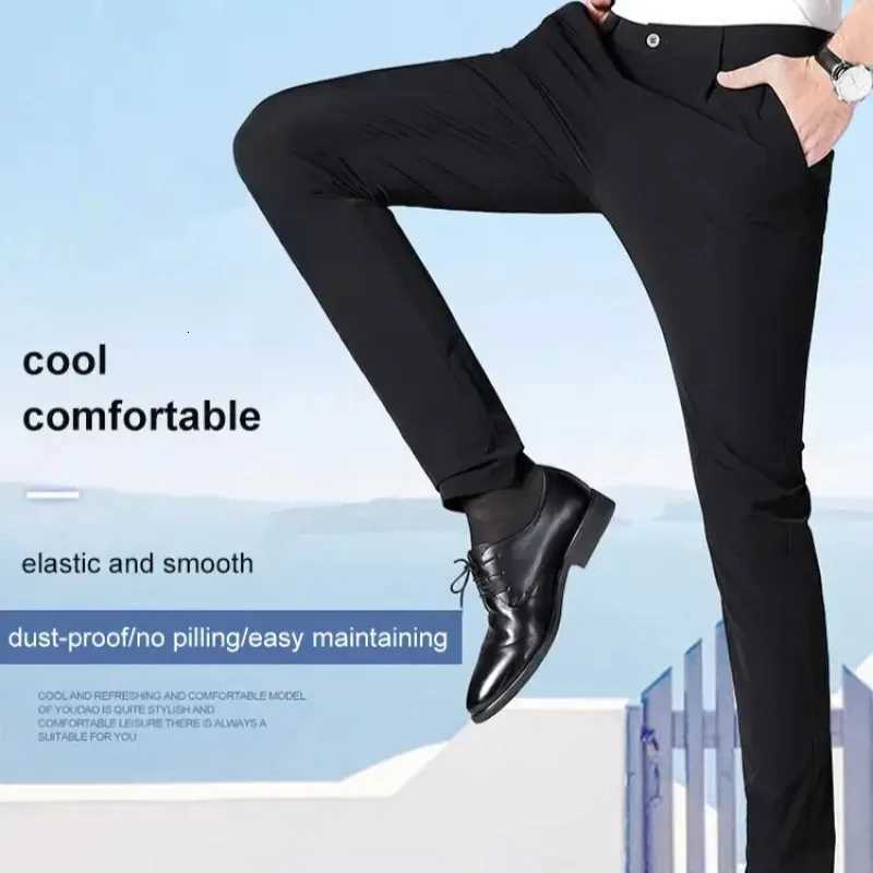 Mens Ice Silk Suit Pants Elastic MidWaist Baggy Trousers Straight Business Trousers W250826