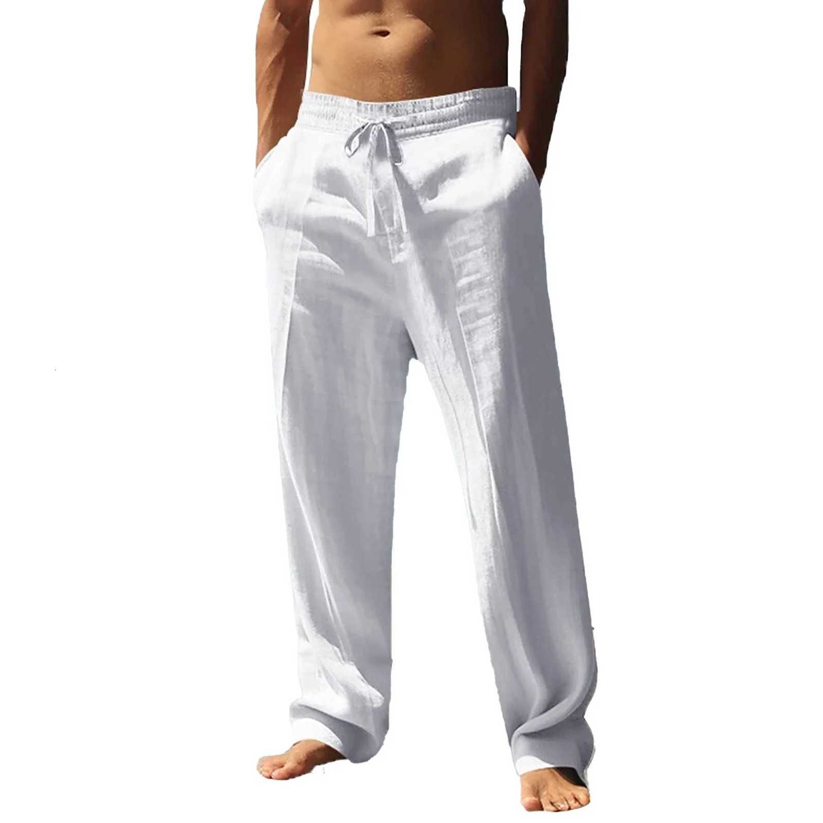 Mens Cotton Linen Long Pants Summer Solid Color Male Casual Elastic Waist Casual Pants Harajuku Trousers Breathable Linen Trousers W250826