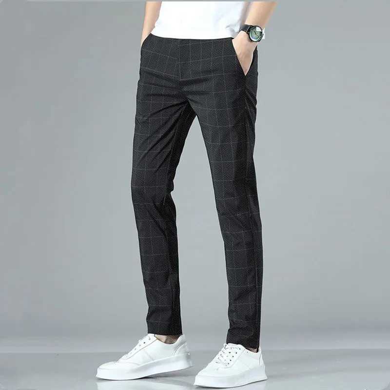 Summer Thin Grid Formal Elastic Pants for Men Slim Fit Business Gray Black Casual Pants Fashionable Mens Pants W250826