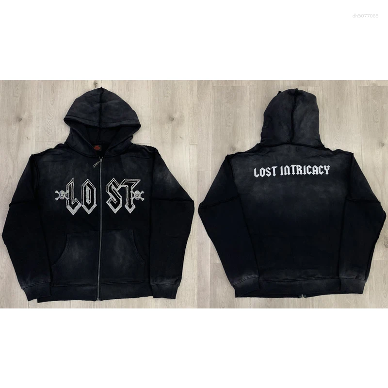 Men's Hoodies Retro Streetwear Trend Brand Lost Intricacy Hoodie Skull Drill Cardigan Men Women Casual Fashion Designer Hoodie Jacket Tracksuit M