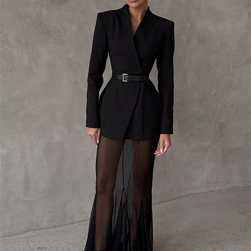 Elegant Solid Blazer Skirt Set Women Long Sleeve Button Vneck Blazer Lace See Through Long Skirts 2025 Autumn Party Lady Suit 250825