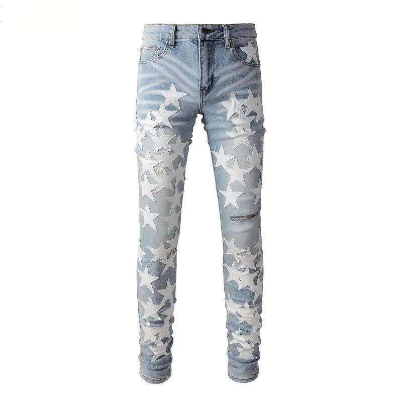 Men's Slim Fit Hip Hop Streetwear Denim Jeans Distressed Leather Star Patch Zipper Crotch Stack Ripped Stretch Design