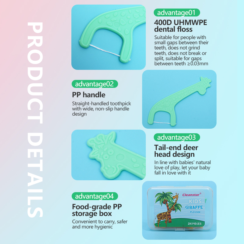 24-pack box of cute cartoon-shaped children's colored smooth dental floss sticks, portable disposable plastic dental floss picks