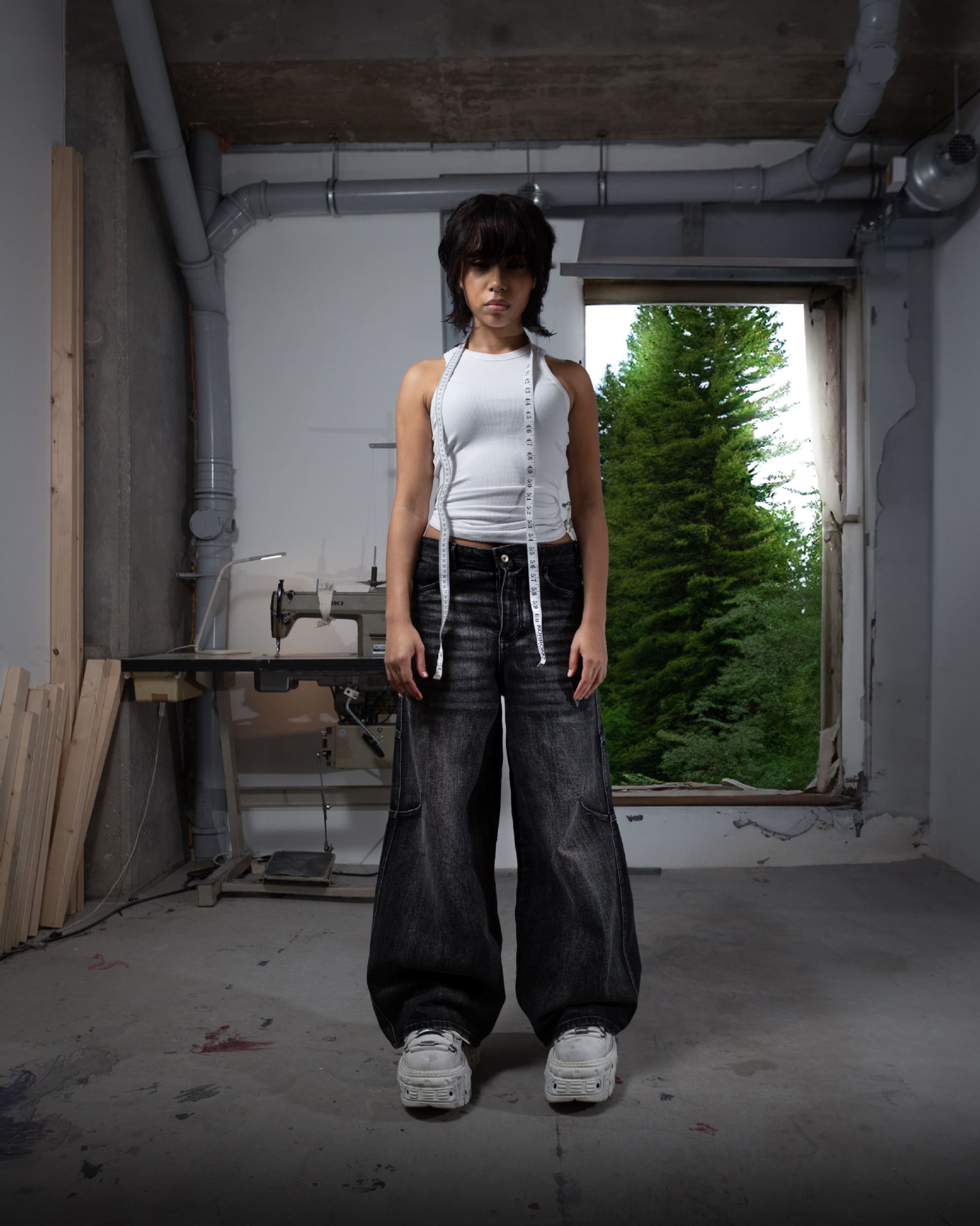 American retro black and gray washed straight jeans for men and women y2k deconstructed windbreaker wide-leg long pants