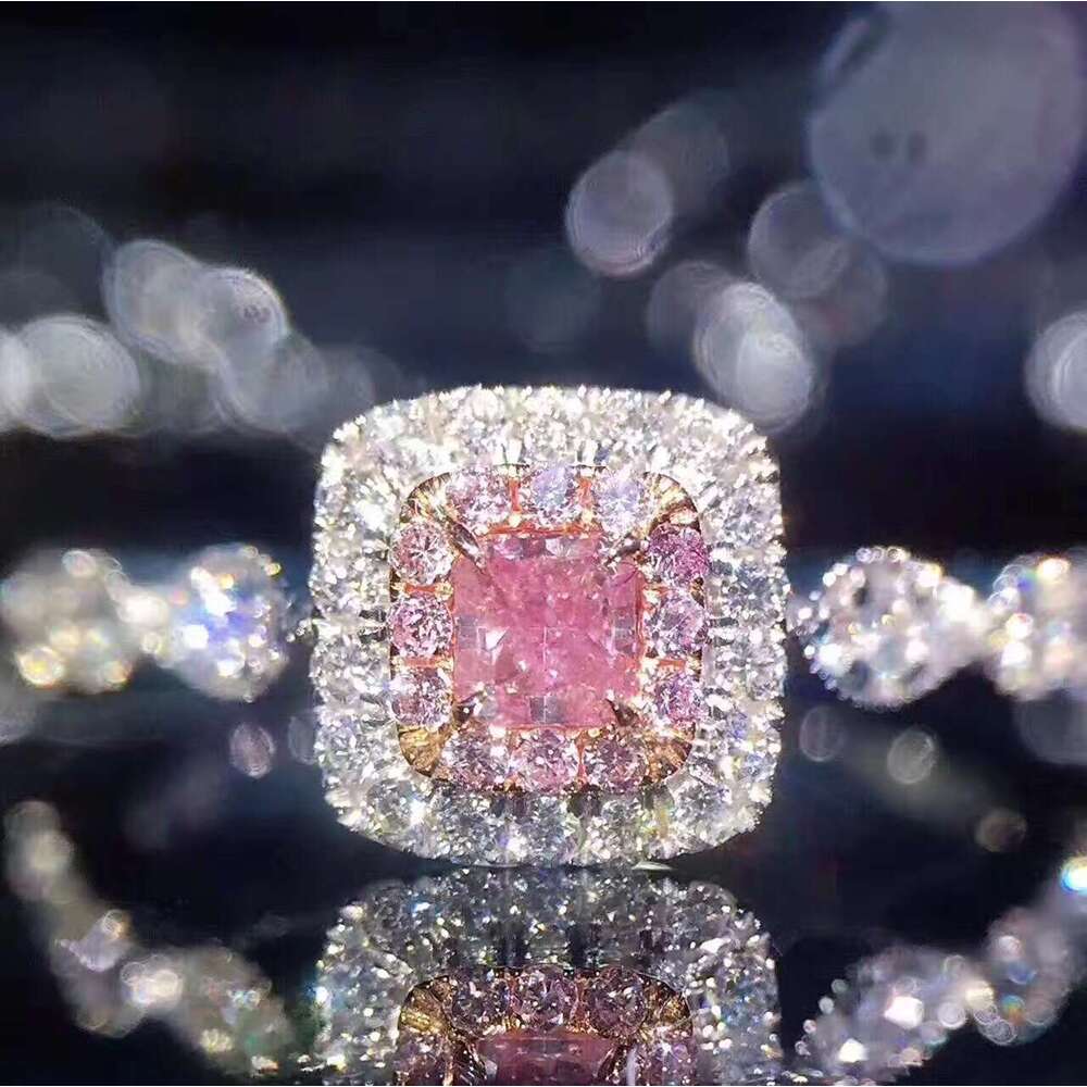 Pink Colorful Square Micro Pave Simulated Diamond Princess Style Women's Ring with Beaded Edge