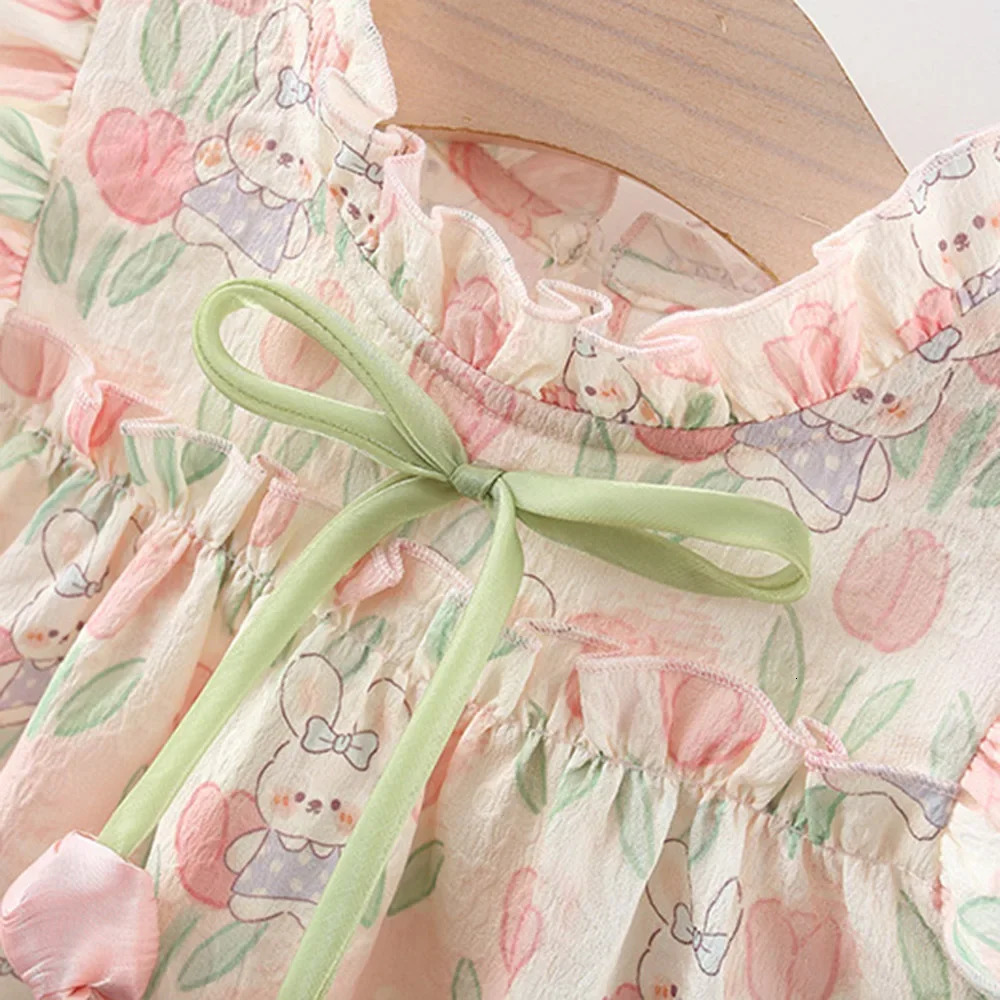 Summer Hardwear Girl Dress Tulip Cartoon Rabbit Print Small Flying Sleeves Flower Neck Bow Ribbon Pattern 250825