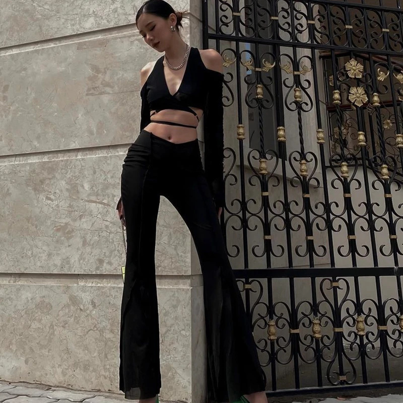 Candy Gothic Mesh Sheer Crop Tops Sexy Deep Vneck Off Shoulder T Shirt Y2K Long Sleeve Streetwear Crossing Bandage Tees 250903