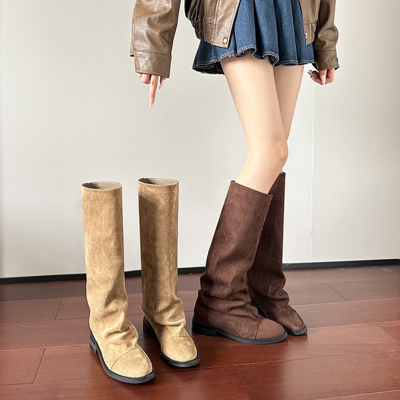 Fashion Autumn And Winter Round new Hot Head Long Leather Shoes Metal Knight Fold Flat Boots Punk Style 241212